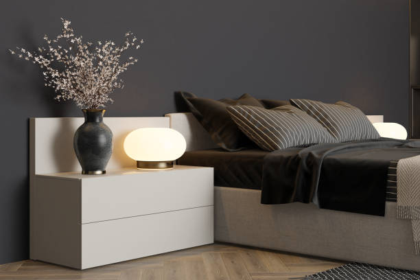 istock Modern Cozy Bedroom with Light Beige and Grey Shelves & LED Lighting 2201973680