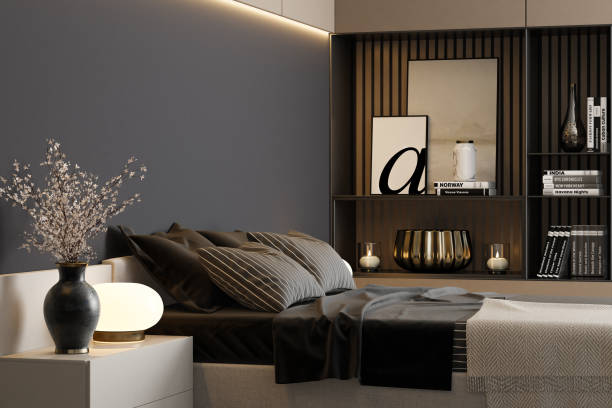 istock Modern Cozy Bedroom with Light Beige and Grey Shelves & LED Lighting 2201973687