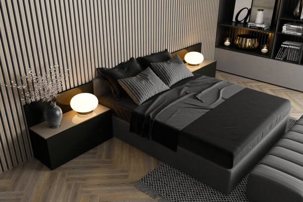 istock Modern Luxury Bedroom with Matte Grey Finish & Metal Accent Wall 2201973720