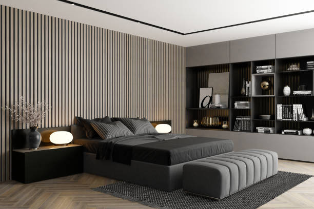 istock Modern Luxury Bedroom with Matte Grey Finish & Metal Accent Wall 2201973728
