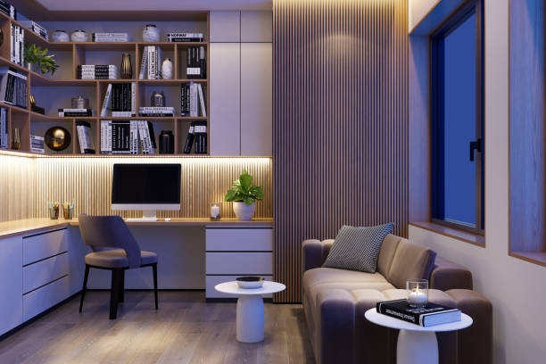 istock Cozy Modern Home Office with L-Shaped Desk & Ambient LED Lighting 2201973769
