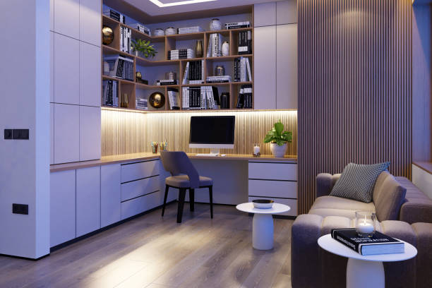 istock Cozy Modern Home Office with L-Shaped Desk & Ambient LED Lighting 2201973770