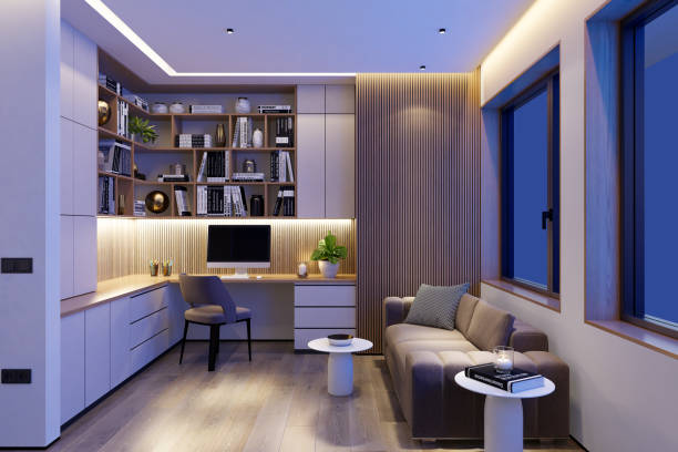 istock Cozy Modern Home Office with L-Shaped Desk & Ambient LED Lighting 2201973775