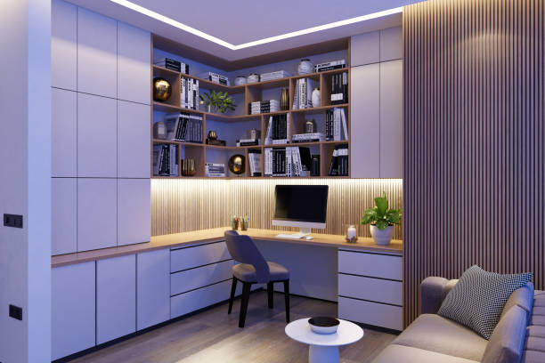istock Cozy Modern Home Office with L-Shaped Desk & Ambient LED Lighting 2201973776