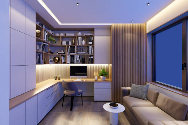 istock Cozy Modern Home Office with L-Shaped Desk & Ambient LED Lighting 2201973778