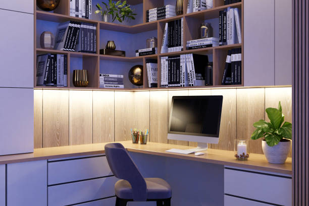 istock Cozy Modern Home Office with L-Shaped Desk & Ambient LED Lighting 2201973794