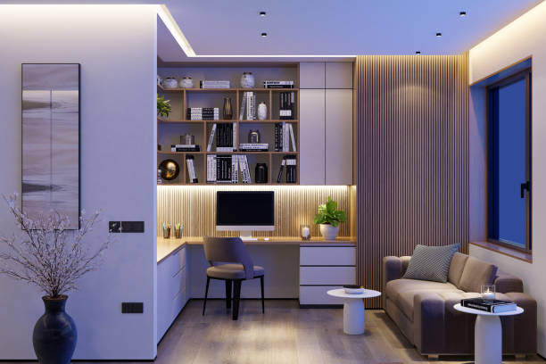 istock Cozy Modern Home Office with L-Shaped Desk & Ambient LED Lighting 2201973798
