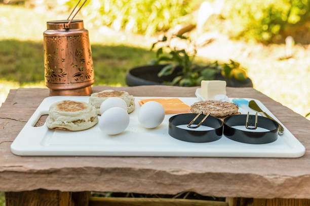 Ingredients of an egg breakfast to be cooked outdoors