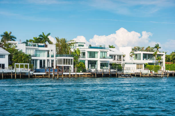 Waterfront Houses on San Marco Island in Miami Beach Florida USA.