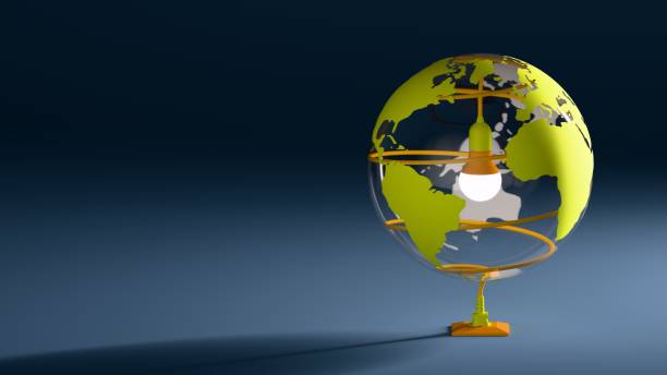 Glass globe Earth with LED light bulb inside on dark blue background. Concept of Worldwide Impact and Innovation, symbolizing eco-friendly energy and environmental conservation. 3d illustration.