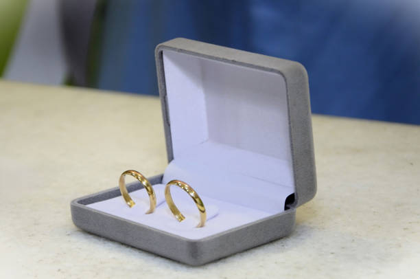 A box with gold wedding rings under the table