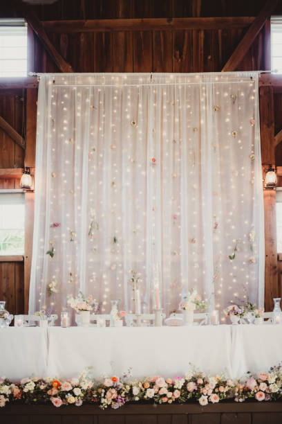 istock Wedding reception head table backdrop of sheer fabric with flowers and lights 2202007234
