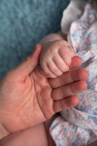 istock Tiny newborn baby human hands and fingers 2202008147