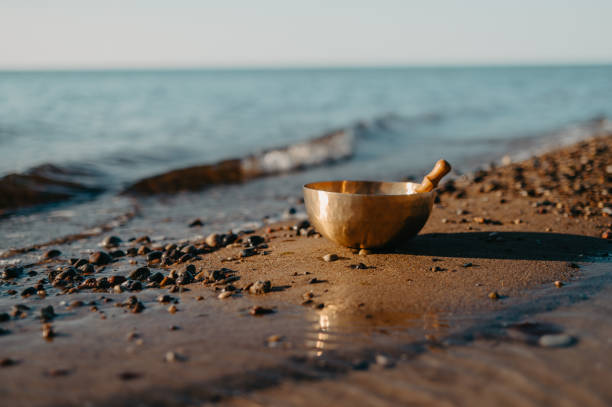 istock Tibetan Singing Bowl on a Rocky Beach with Ocean Waves at Sunset 2202009496