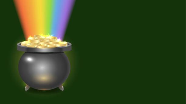 istock Horizontal background Happy Saint Patricks day with gray cauldron, golden coins, rainbow on dark green background. Vector illustration with copy space 2202022922