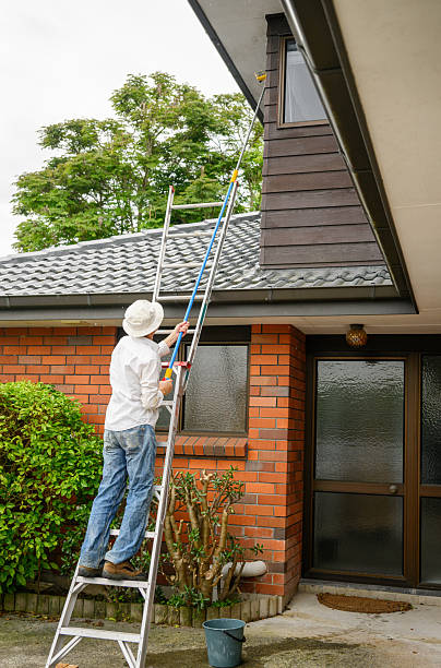 Man standing on the ladder and cleaning house with a long brush. Vertical format.