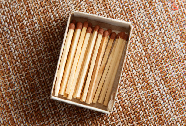 Matchsticks in a box. Matches with black heads. Matches with brown heads. All for design