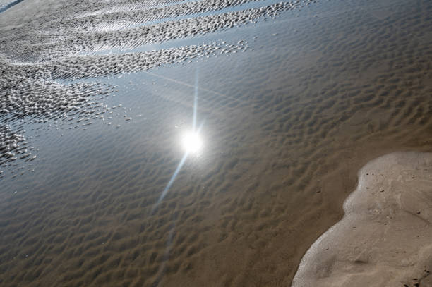 Ripple marks at low tide in the sand in the sunlight, with the reflective sun
