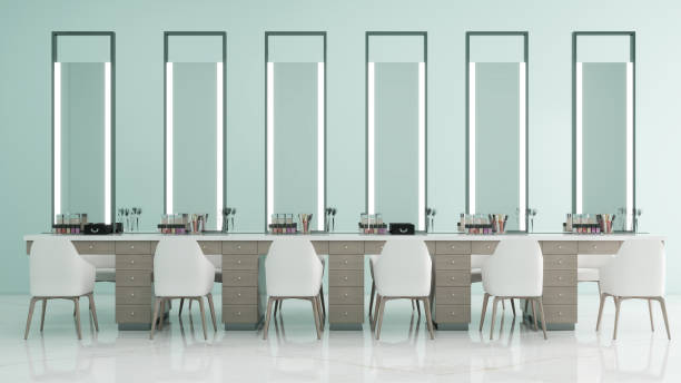Modern Makeup Vanity Station with Mirrors and Chairs in a Beauty Salon, 3d rendering of interior decoration.