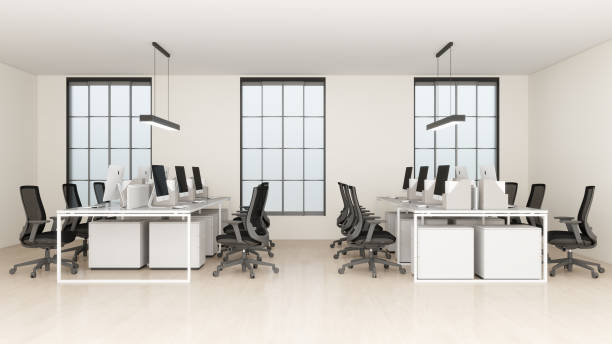 istock Modern Open Office Workspace with Computers and Chairs, 3d rendering of interior decoration. 2202029032