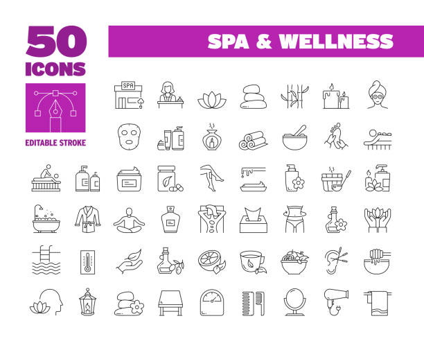 illustrations, cliparts, dessins animés et icônes de spa simple et ensemble d’icônes de ligne de bien-être. soins de la peau, traitement, détente, luxe, thérapie, massage, bien-être. trait modifiable 50 icônes de ligne. - salon de beauté