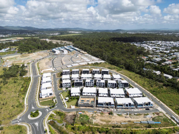 Aerial view of regional Australian urban housing development and infrastructure project