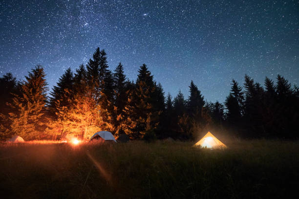 istock Several tents illuminated by glowing campfire in grassy clearing under clear, starry sky. 2202031339