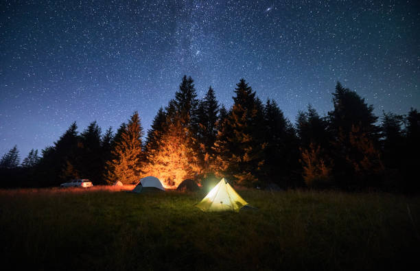 istock Several tents illuminated by glowing campfire in grassy clearing under clear, starry sky. 2202031350