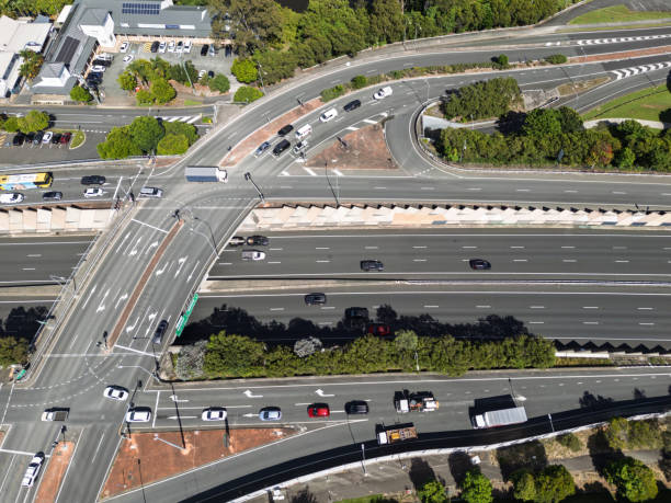 istock Top down view of multiple lane highway and overpass in regional Australia 2202032490