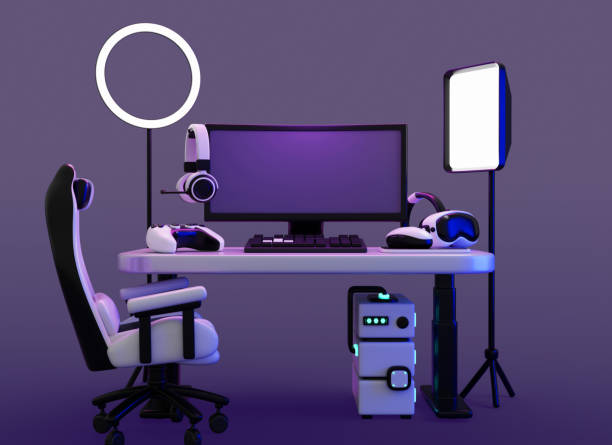 3d room interior with setup to play video game and stream at night. Neon dark background with gamer computer on desk, chair, headphones, joystick, vr glasses, led ring lamp, softbox