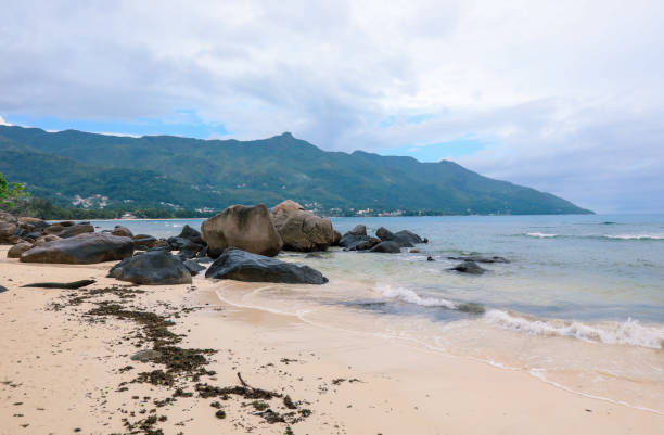 A peaceful moment on a beach in Seychelles showcases smooth rocks by the turquoise water under a cloudy sky.