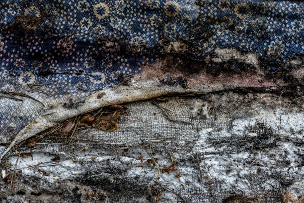 Vintage fabric texture with aged floral patterns in blue tones, highlighting its wear and tear for a rustic aesthetic.