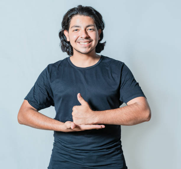 istock Interpreter gesturing HELP with hands in sign language isolated. Person gesturing HELP with hands in sign language 2202039826