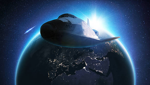 istock Rocket with blue sunlight lift off. Space shuttle takes off into space on a background of blue planet earth with amazing sunset. Successful start of a space mission. Travel to Mars 2202039887