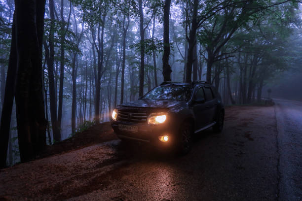 Sofia, Bulgaria - May 25, 2024: A vehicle is parked along a winding road surrounded by dense trees in a misty atmosphere during the evening.