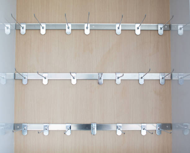 Stainless steel wall hooks for hanging products.