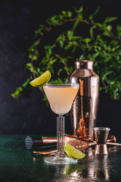 istock Refreshing cocktail with lime and copper bar tools on wet bar top 2202044216