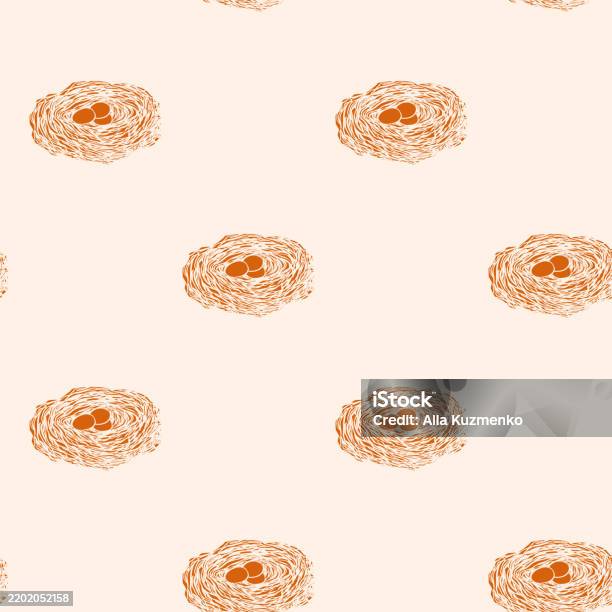 Spring Seamless Pattern With Bird Nest With Eggs Easter Hand Drawn ...