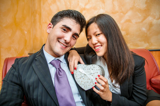 3D illustration of female character surprised and happy that she is offered a gift. Image depicting a romantic situation.