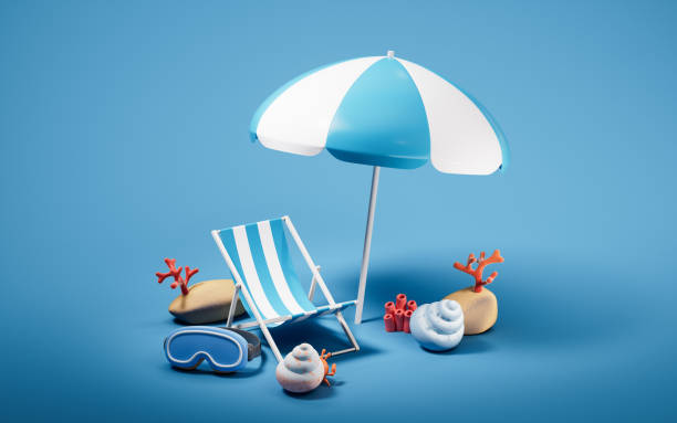 istock Beach chair and beach umbrella with cartoon style, 3d rendering. 2202061112