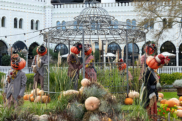 Traditional park decoration for Halloween with pumpkins.