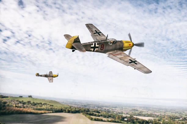 The iconic World War Two era German Bf109 fighter plane in flight. Scale model photography.