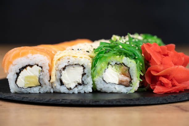istock delicious traditional Japanese sushi and rolls on a plate 2202068708
