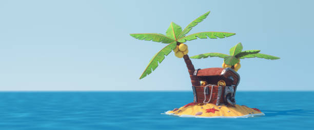 istock 3d render opened wooden chest standing under palm trees on the sand with sea shells, starfish. 2202069860