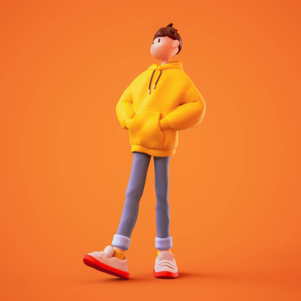 istock 3d render young tall brunette man puts his hands inside his hoodie pocket. 2202070181