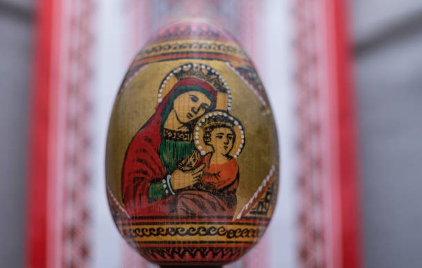 Easter still life with a souvenir painted egg for the background