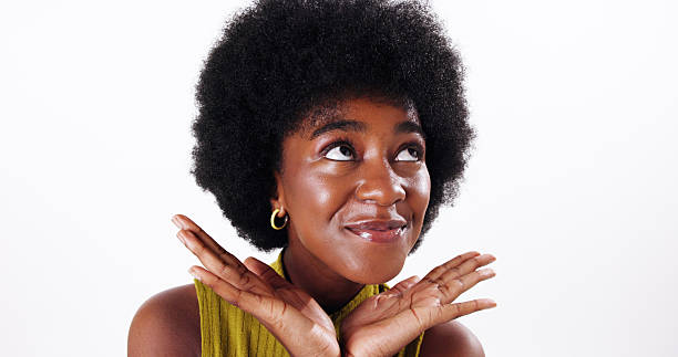 Thinking, ideas and black woman in studio, showing and decision on white background. African person, model and girl with thoughts, wonder or solution with choice, confident personality or contemplate