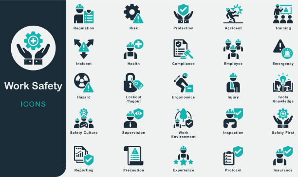 stockillustraties, clipart, cartoons en iconen met work safety solid icons collection.containing training, precaution, manufacturing, construction, factory, injury, employee, regulation, safety first, work environment, protection, health, accident - arbeidsveiligheid