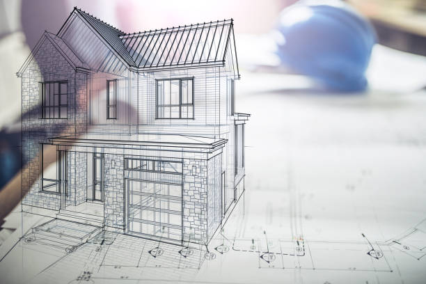 Hologram of a house project over blueprints