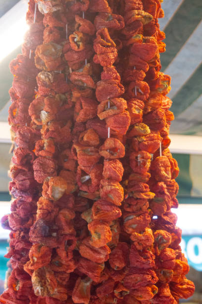 Strands of dried vegetables, likely red peppers, hang in a vertical arrangement. Their wrinkled texture and deep red color indicate dehydration